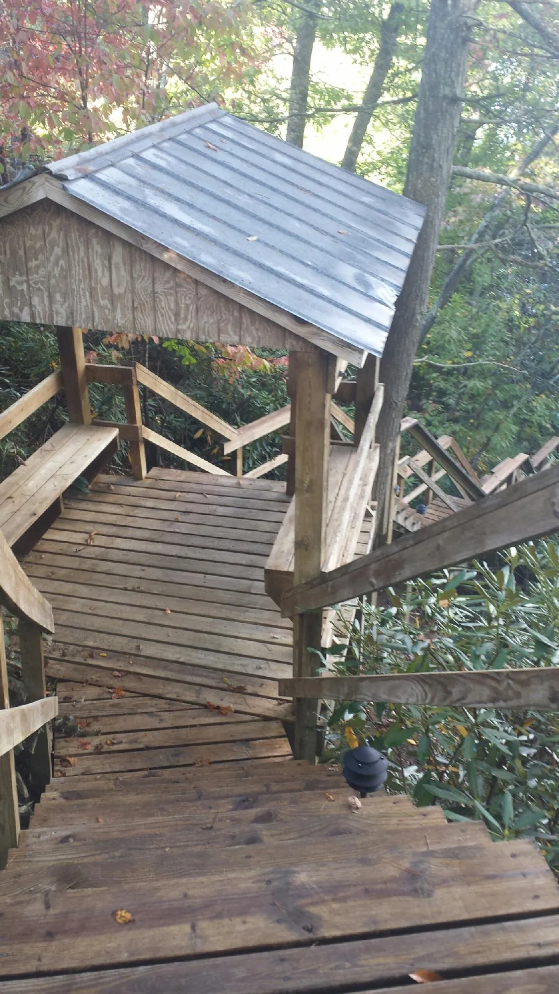 Metal roofed shelter over wooden steps on a wooded walkway — Skylight Repair & Installation work by our crew in Advance